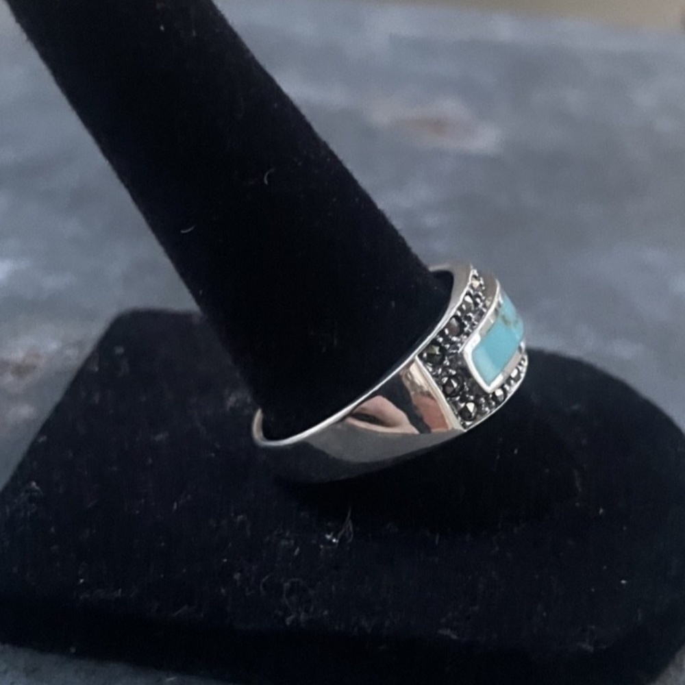 Sundance Sterling Silver Ring Band w/ Turquoise and Marcasite Size 8.5-9 - Picture 3 of 6